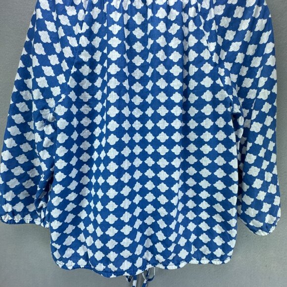 Talbots Top Womens Medium Blue White Pullover Linen Elastic Tie Hem 3/4 Sleeve - Picture 6 of 14